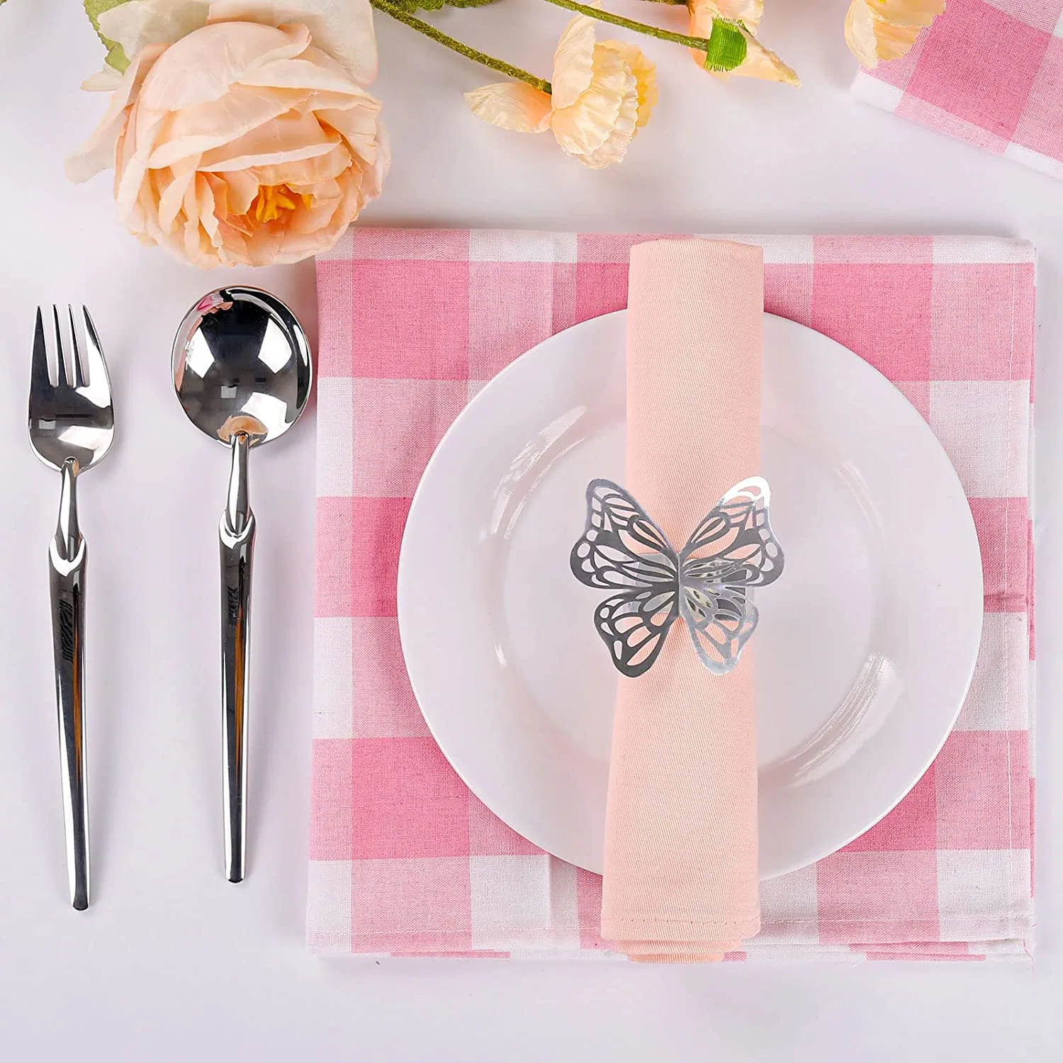 100PCS Silver Butterfly Napkin Rings Set of 3D Laser Cut Plastic Napkin Ring Buckles Holder Table Decoration for Wedding, Party, Christmas, Thanksgiving