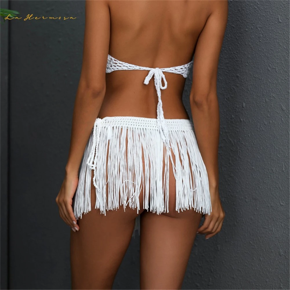 Fashion Ladies Beach Skirt Knitted Hand Hook Long Tassel Hula Dance Skirt Bikini Outside Short Skirt Wholesale/Supplier Swimwear Cover-up Stcy0619