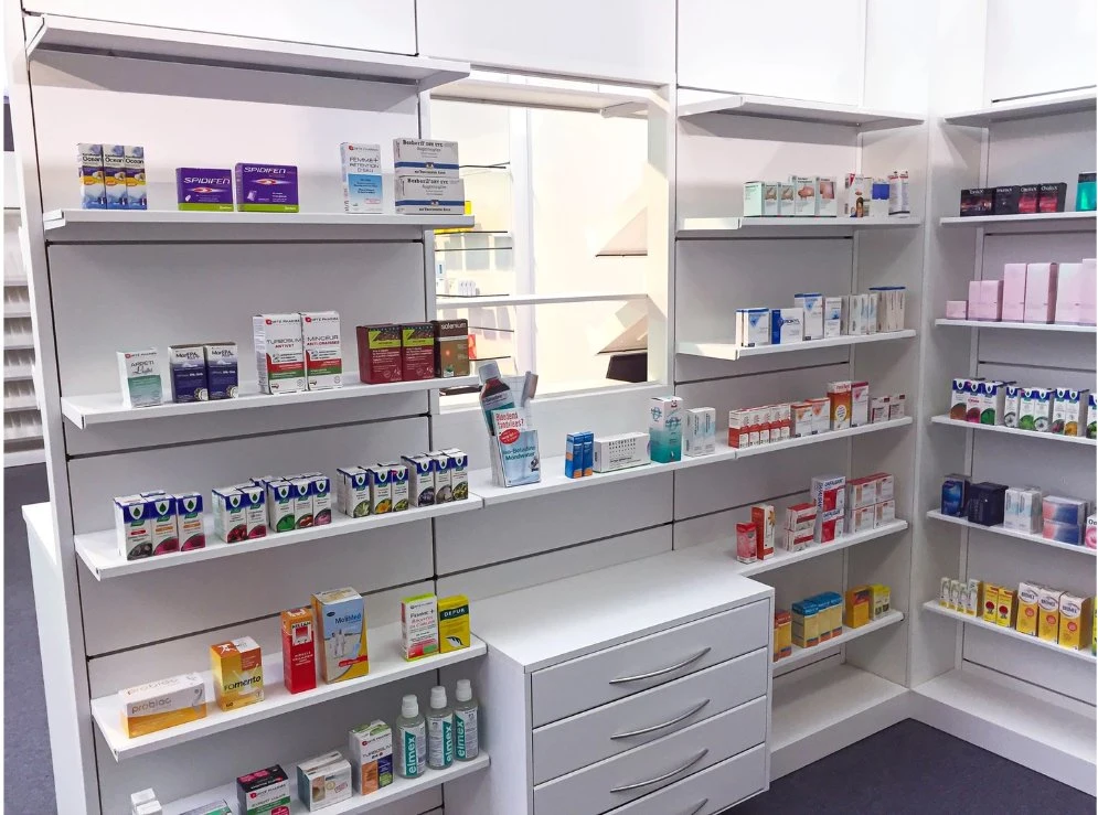 Fashion Type Pharmacy Drug Display Shelving Wall Unit Stand Gondola Shelving for Cosmetics Store