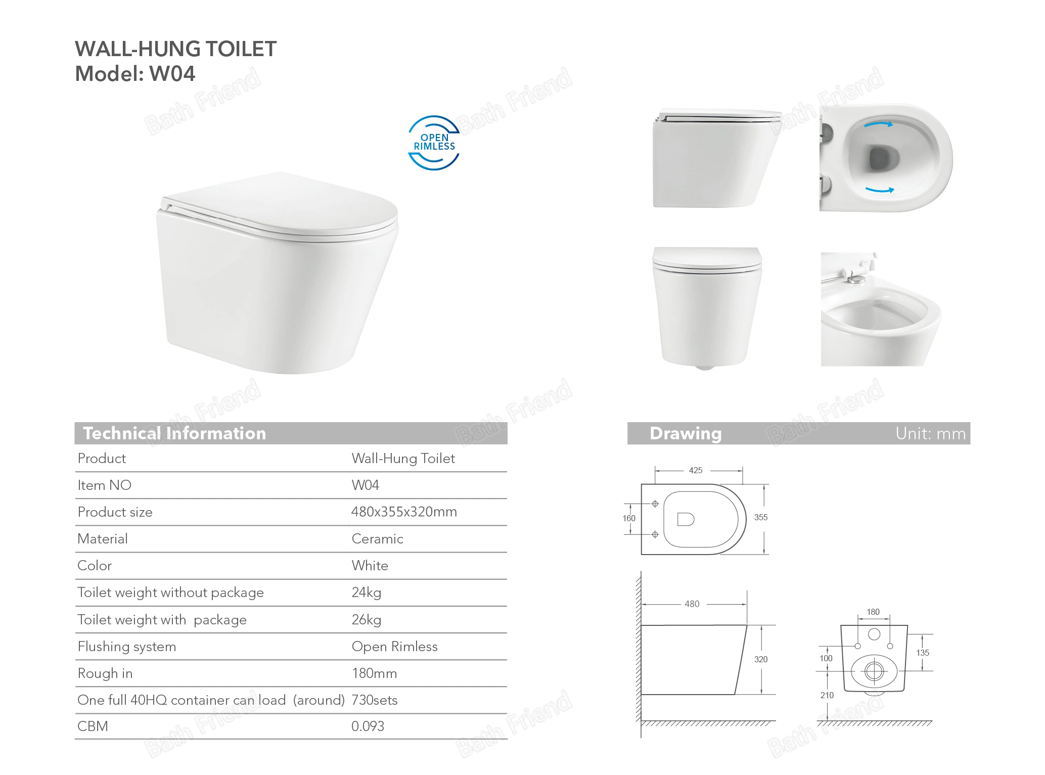 Banheiro principal de design clássico Conjunto completo de vaso sanitário sem borda com bidê de cerâmica e descarga de 3/4.5L.