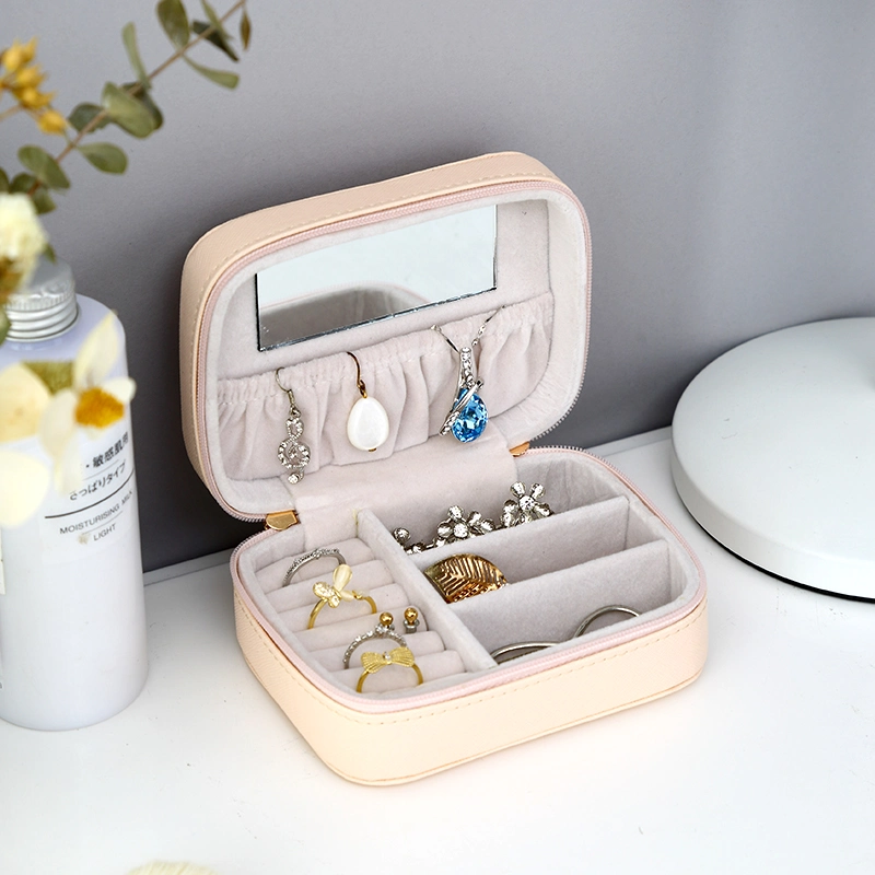 PU Beauty Canvas Trip Jewelry Display Box Folding Storage Case Small Pink Leather Travel Jewelry Organizer with Zipper