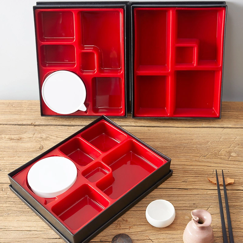 Japanese Style Black and Red Rectangle Bento Box with Bowl