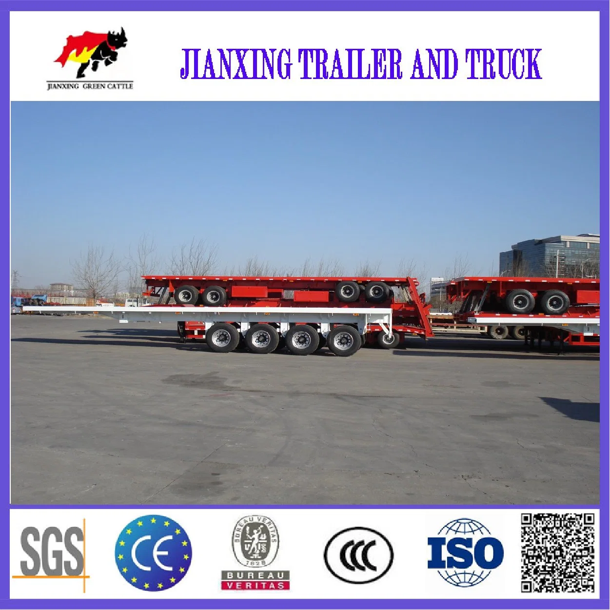 Heavy Duty Jiannxing 40 pieds à plat 3 lit 4 essieux 20ft 40ft 50ft 60FT conteneur semi remorque de camion à plat pour la vente