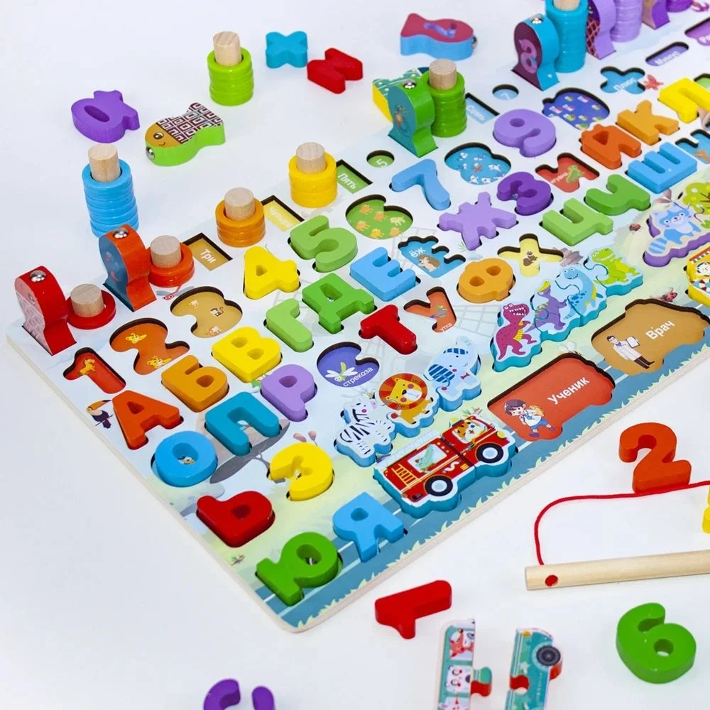 Alfabeto ruso Montessori Juguetes educativos de madera Pre-escolar Tablero de Geometría Contadora Juego aprender Sorter Pesca Matemáticas Juguete para niños