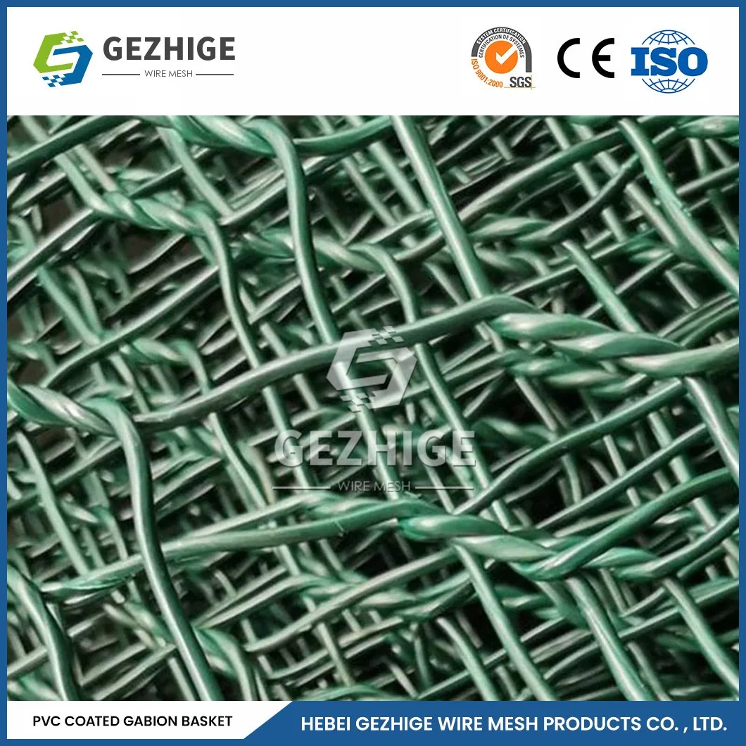 Gezhige 60x80 mm rond Gabions fournisseurs ralingue 3.0-4.0mm Épaisseur du fil vert de gabions en PVC de la Chine 2.0*0,5*0,5 M de maillage de gabions hexagonal galvanisé