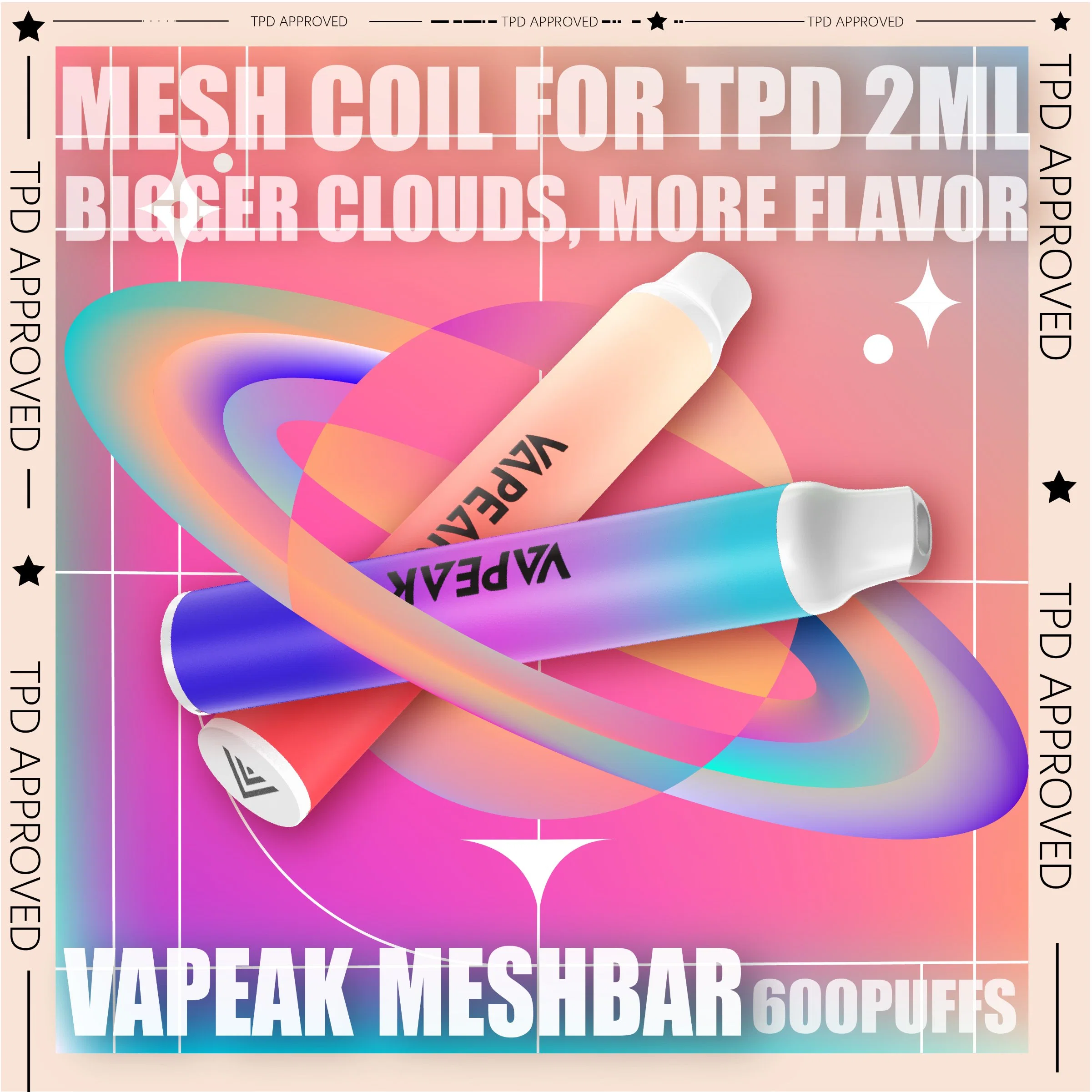 UK Hot Selling Vape Mesh Coil 2ml E Liquid Tpd Approved 600 Puff Mini Portable Disposable/Chargeable Vape Pen Rainbow Colour