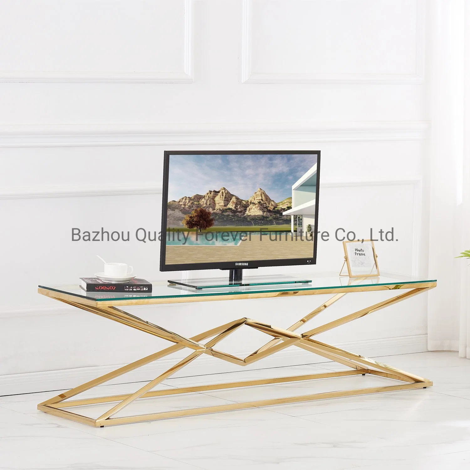 Modern Design Clear Tempered Glass Gold Stainless Steel TV Stand for Living Room