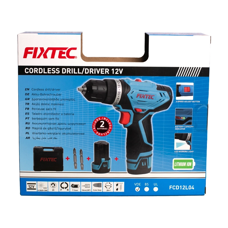 Fixtec Power Tools 2PCS 1500mAh Li-ion Battery 2 Speed 10mm Single Sleeve 12V Electric Cordless Hand Drill with BMC