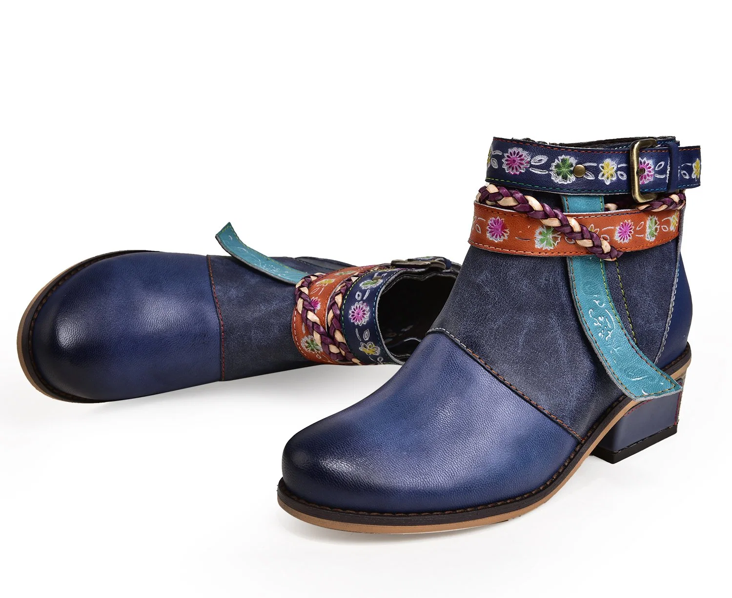 Exotic Handmade Leather Booties Colorful Flowers Bohemian Shoes