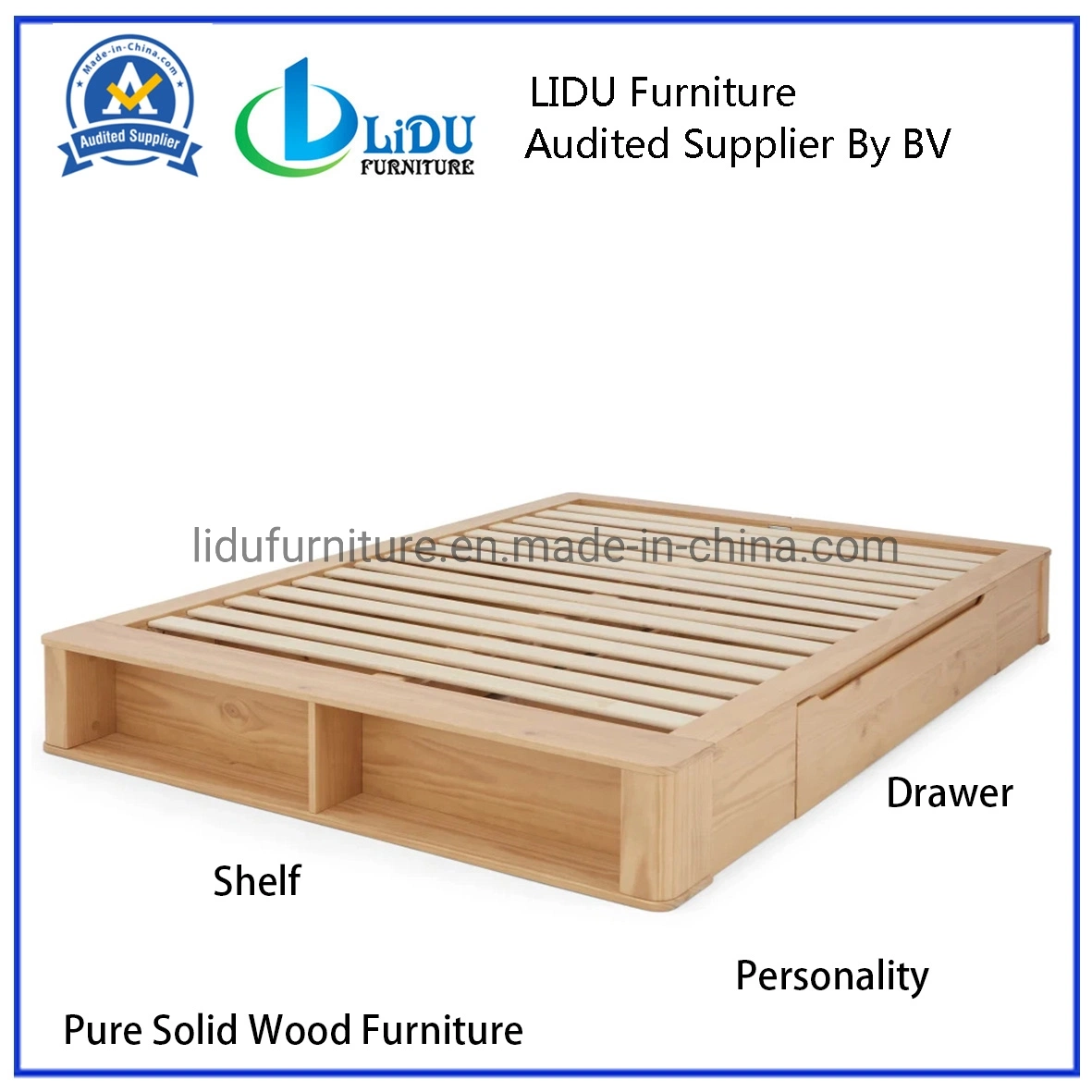 Professional Queen Bed Wood Pine Wood Bed Oak Wood Bed with Drawer/Shelf