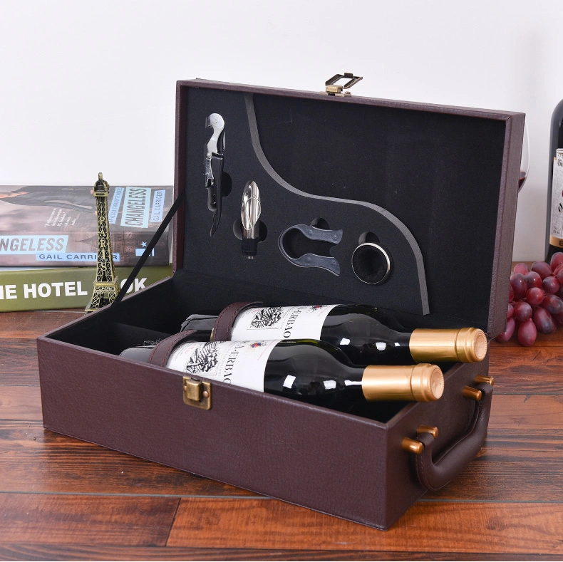 Benutzerdefinierte Großhandel/Lieferant Verpackung Bedruckter Griff Portable Geprägte Bronzing Laser Luxus PU Leder Holz Glas Wein Whisky Flasche Verpackung Liquor Geschenk Box-Druck