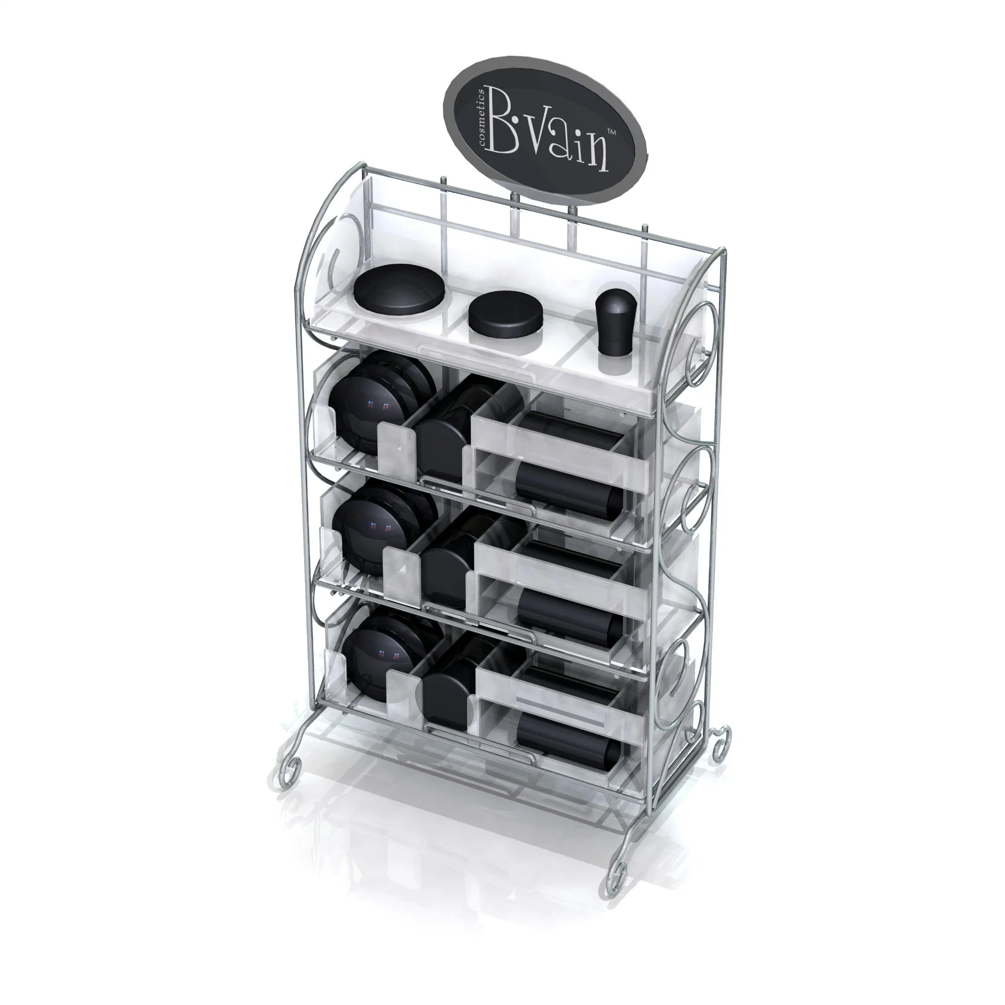 Customized Floor Standing Metal Cosmetic Makeup Display Stand Rack with Advertising Board