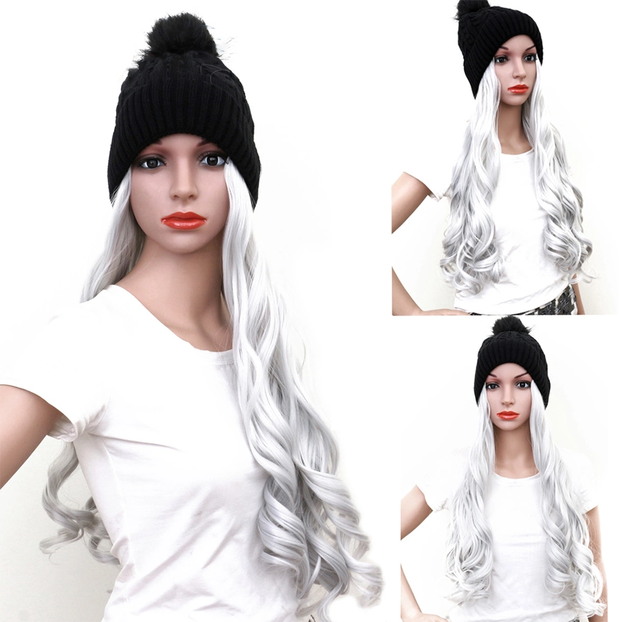 High quality/High cost performance  28inch Black Long Wig Hat Hair Synthetic Non-Detachable Knitted Hat Hair Extension for Women