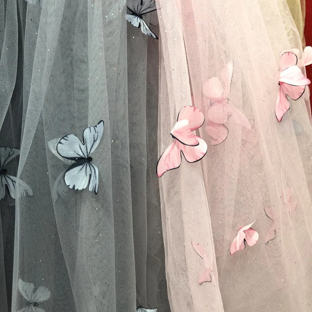 Fashionable Polyester Knit Glitter Mesh Lace Fabric with Butterfly for Wedding Dress