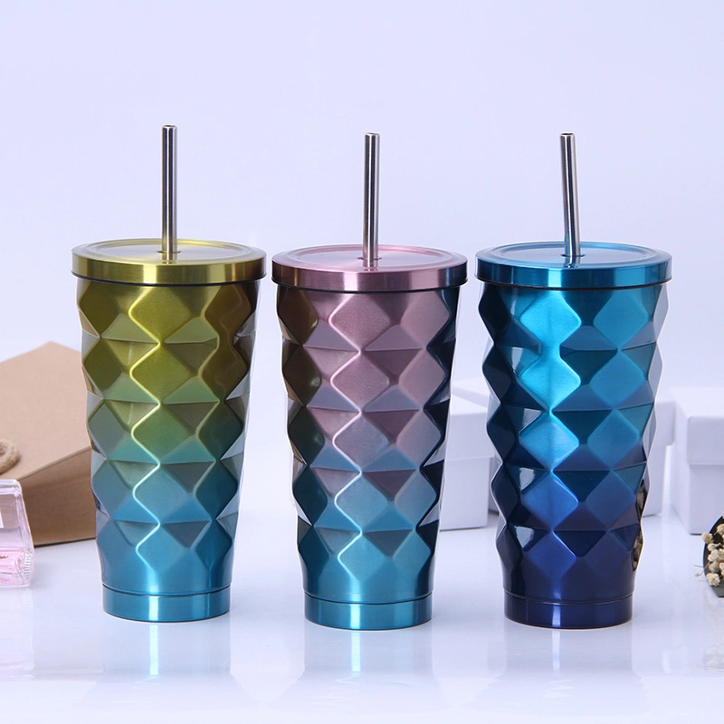 Factory Customized Fashion Design Stainless Steel Insulated Tumbler Coffee Mug Handheld Gradient Diamond Ice Cup with Straw