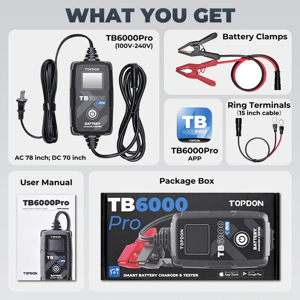 Portable Topdon TB6000Pro 6v 12V Volt Portable Mini Smart Lithium plomb-acide auto camion Swift 2 en 1 Plusieurs mainteneur Testeur de charge de batterie de voiture Chargeur