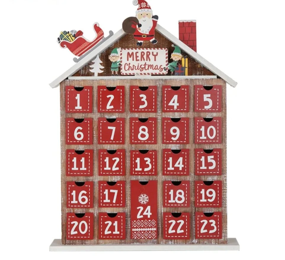 Eaglegifts 24 Jours Arbre de Noël en Bois Maison Rouge Calendrier de l'Avent Compte à Rebours