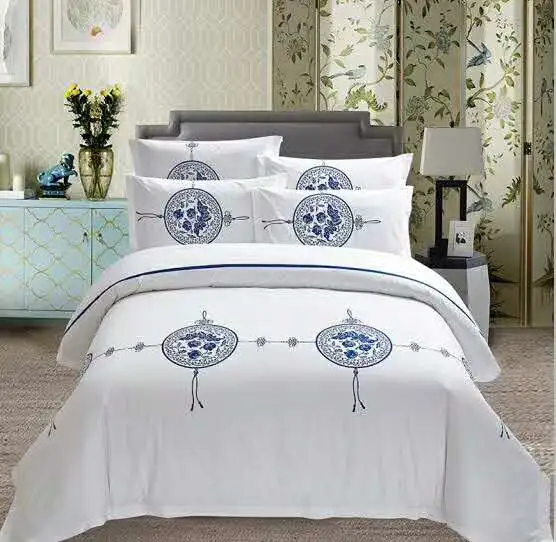 Hotel de 4 PCS Shenone White King Bedsheet ropa de cama Ropa de cama de lujo 100% Algodón Sábana