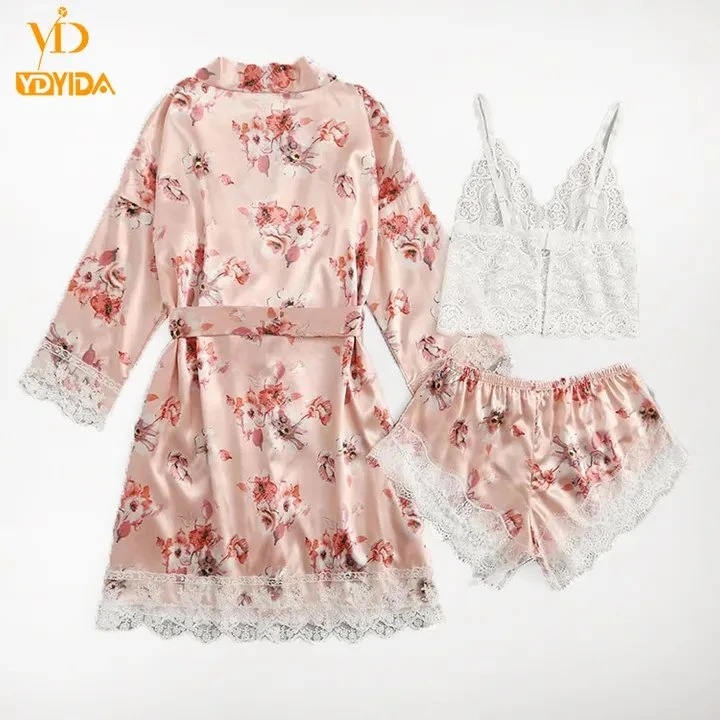 Vestido de Encaje Floral rosa arriba y abajo de 3 piezas conjuntos pijamas Sexy dormir dormir cómodo Camisón Manga Albornoz camisón de desgaste