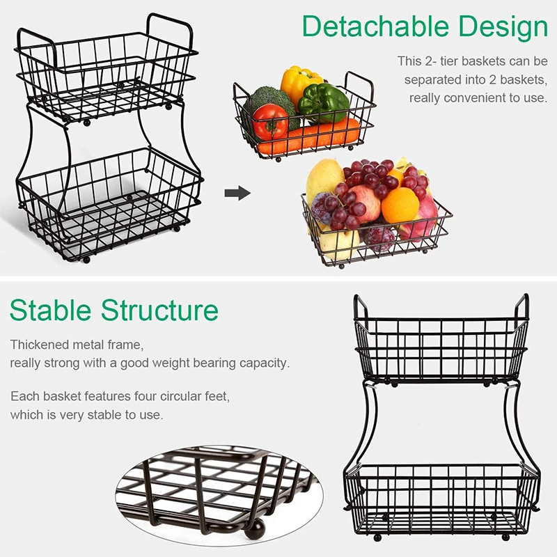 Alambre de hierro de metal desmontables Asa Cesta apilable de frutas canasta de metal de almacenamiento soporte para la cocina Verdura Fruta