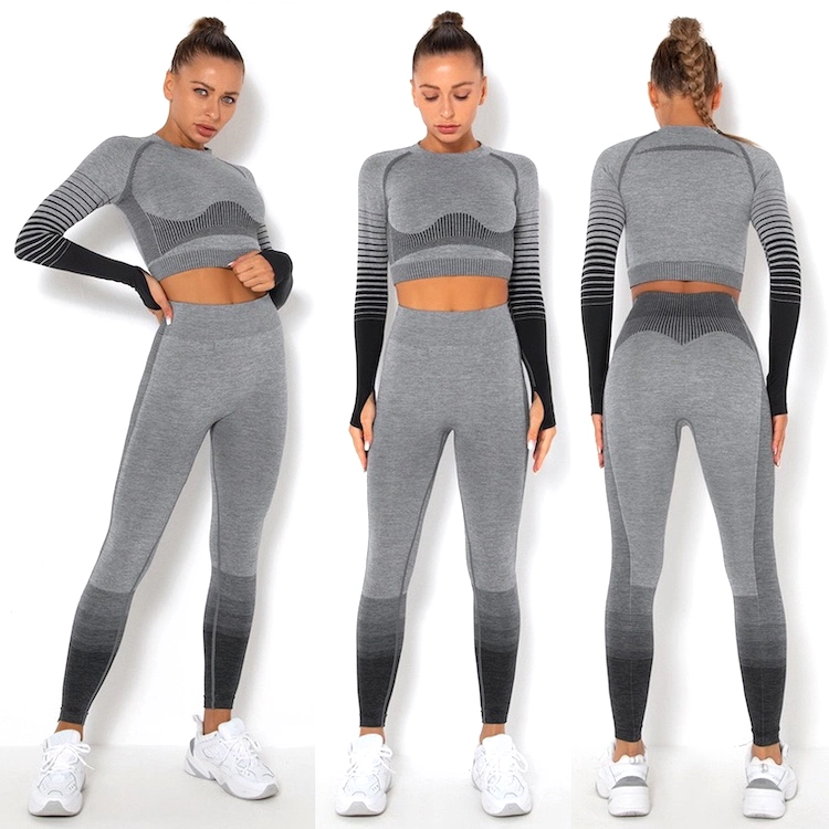 Hot Fashion Gray + Gradient Stripes Long Sleeve Seamless Gym Sports Wear for Female, Custom Sexy Activewear Butt Lift Leggings and Crop Top Running Sweat Suit