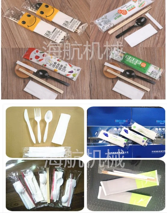 Palillos de vajilla desechable automático de plástico madera servilletas de papel tejido conjunto de cuchillería tenedor cuchara cuchillo Máquina de embalaje