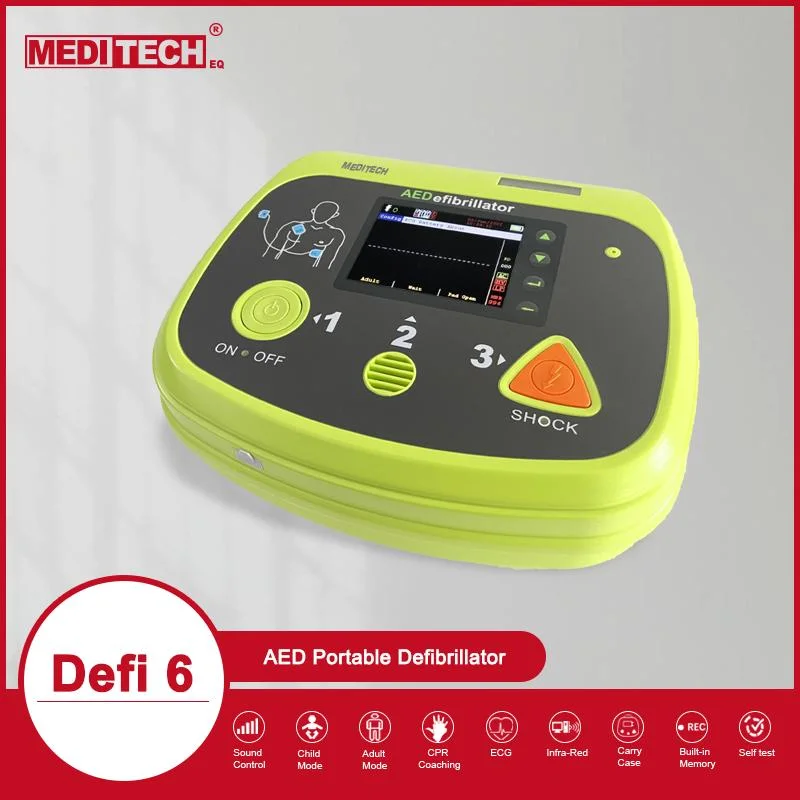 Défibrillateur automatisé externe Meditech Defi6 disponible dans de nombreuses langues, DAE portable pouvant être installé à domicile dans les lieux publics ou dans les hôpitaux.