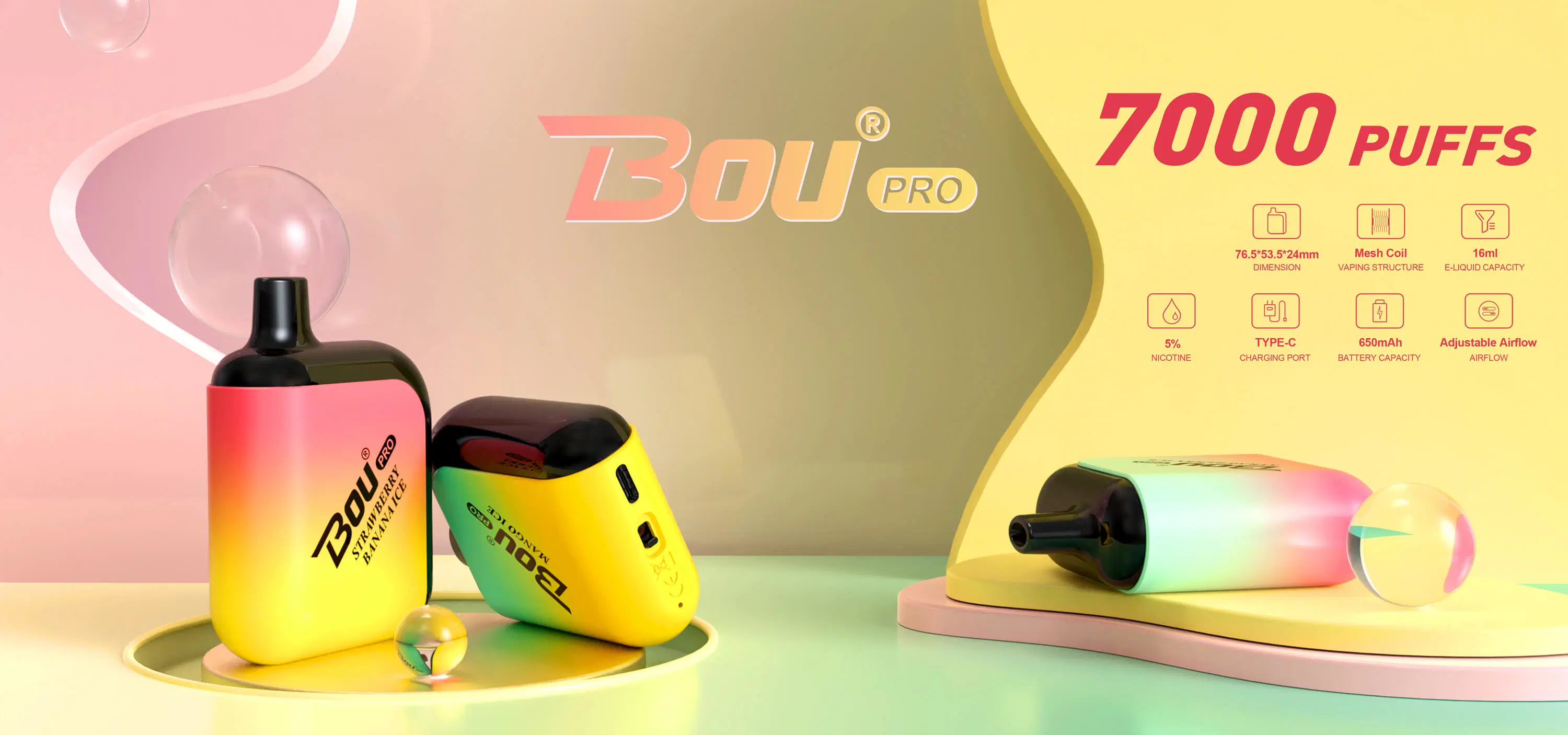 Bou PRO 7000 Puffs Wholesale/Supplier Refillable Disposable/Chargeable Vape Pod with Mesh Coil/Airflow