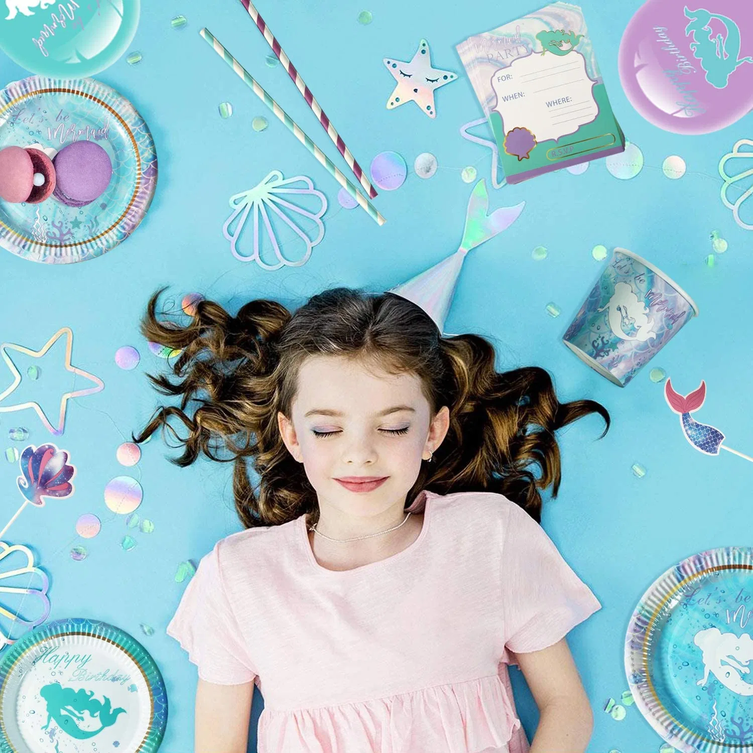 Naiwoxi Mermaid Birthday Party Decorations - Mermaid Party Supplies for Girl, Plates, Invitation Cards, Banner, Table Cover, Toppers, Straws, Cutlery, Balloons,