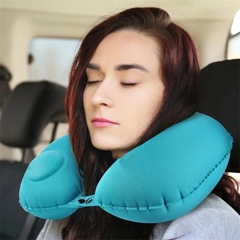 Custom Logo U-Shape Travel Pillow Automatic Air Inflatable Airplane Car Pillows Ring Pillow Folding Press Type Bed Pillows Neck Cushion