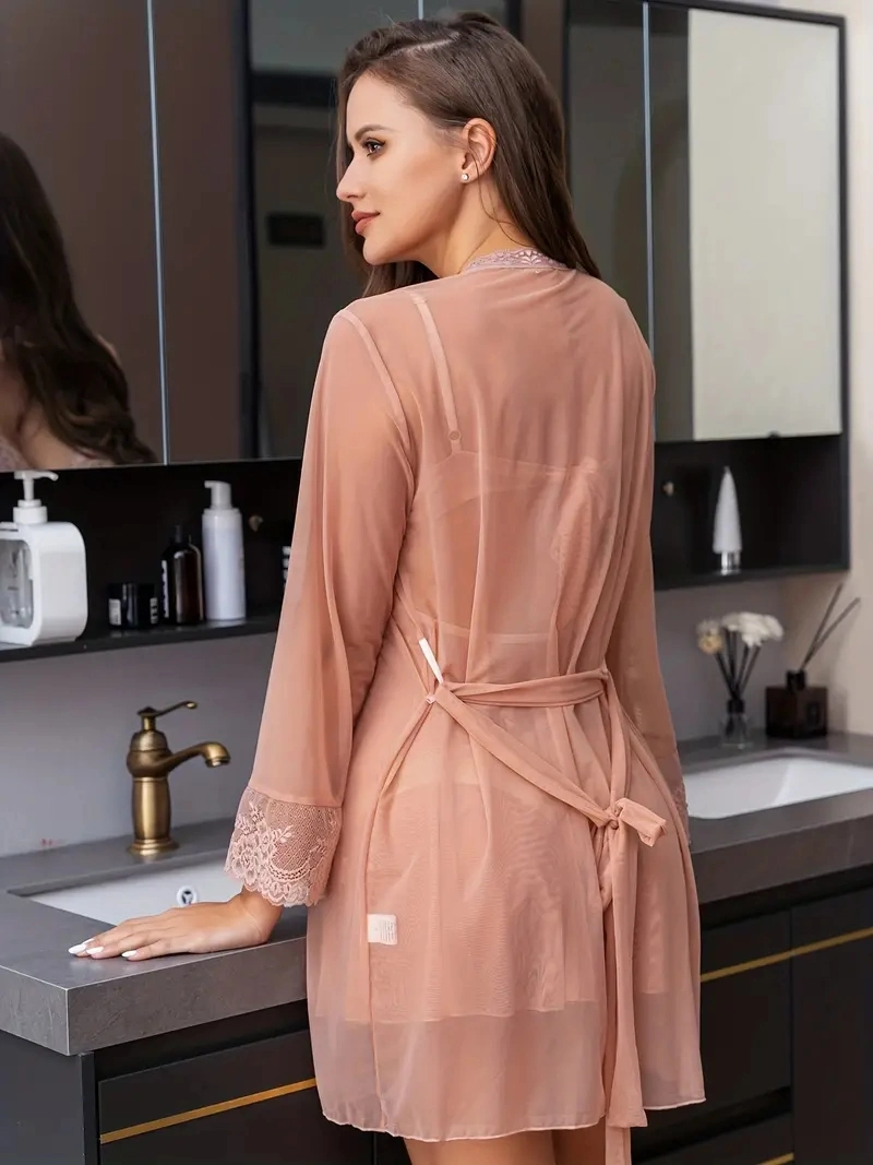 Women's Floral Lace Mesh Loungewear Set - Long Sleeve Robe & Sheer Deep V Lace up Dress - Perfect for Relaxing & Sleeping!