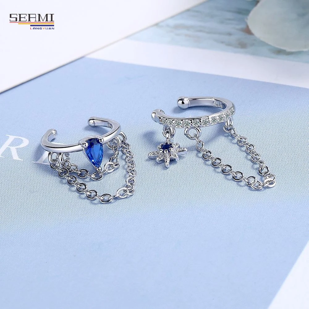 Fashion Silver Earring Double Layer Chain Blue Water Drop Rice Word Zircon Earrings