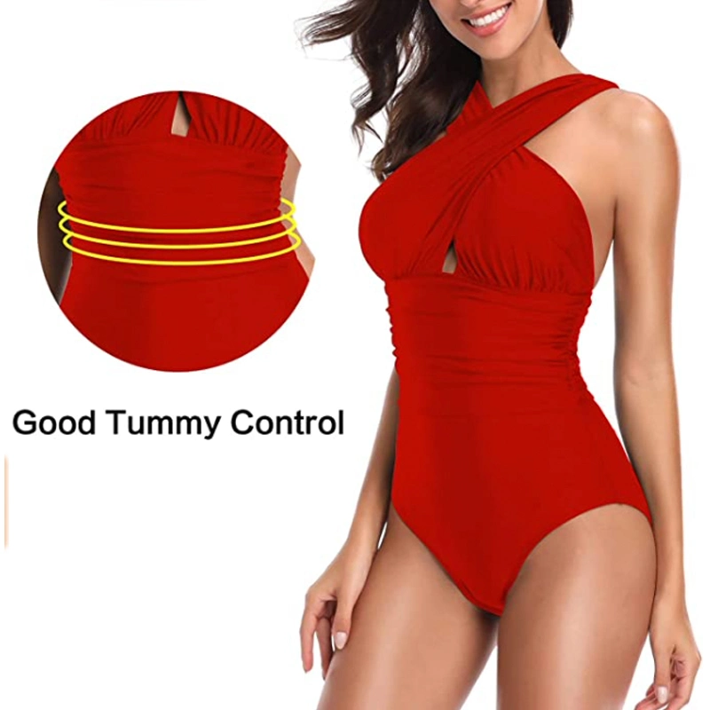 Wholesale/Supplier Swimming Garment Solid Color Womens One-Piece Bikini Swimsuit, Fashion Swim Wear Crossover Front and Back Design Bathing Suits Beach Outfits