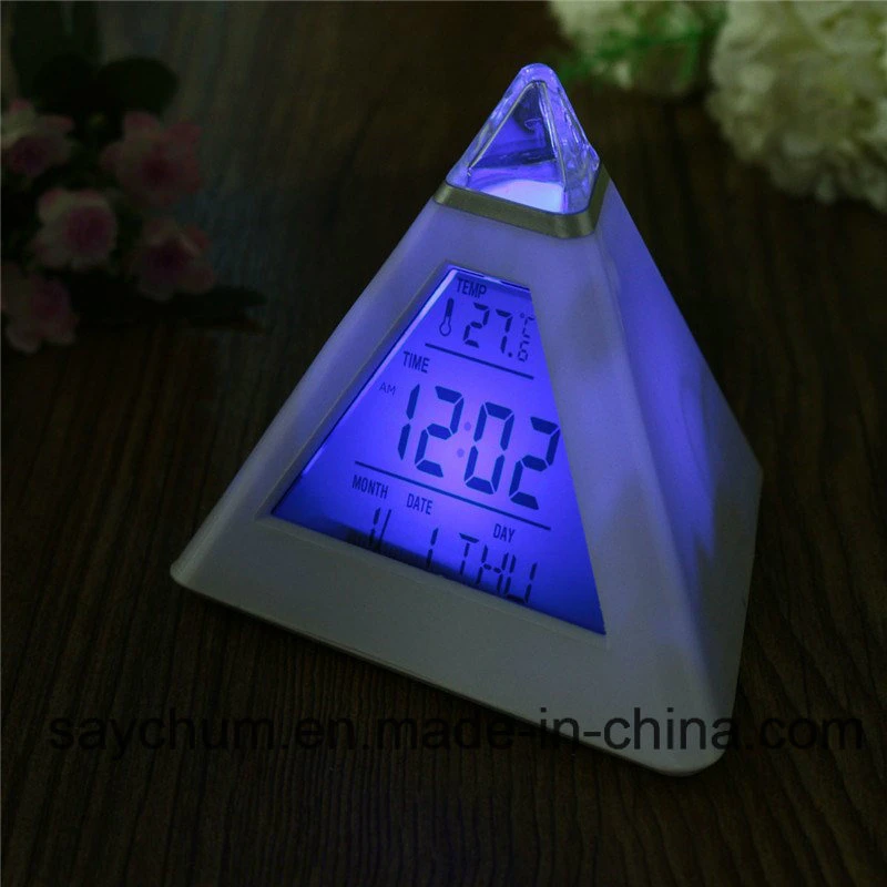 Charminer 7 LED Pyramid Change Colour Digital Clock with Date Alarm Temperature Alarm Clock ABS Electronic Component