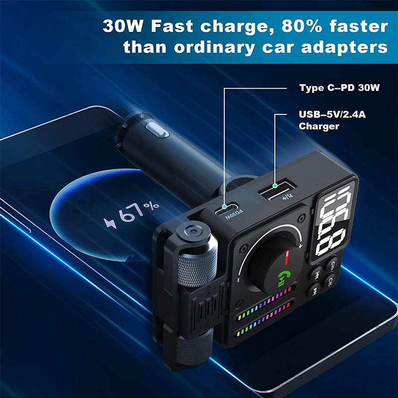 Bluetooth Car Adapter Bluetooth 5.3 FM Transmitter, Pd 30W Type C Fast Charge & USB Port, HiFi Treble & Bass Player, Color Screen & Music Light Bar