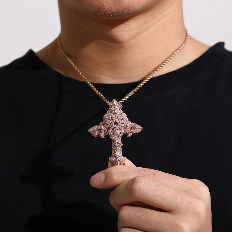 Luxury Design Fashion Jewellery Jesus Cross Pendant with Gold Plated Iced out Jewelry Cubic Zirconia Necklace for Men and Women