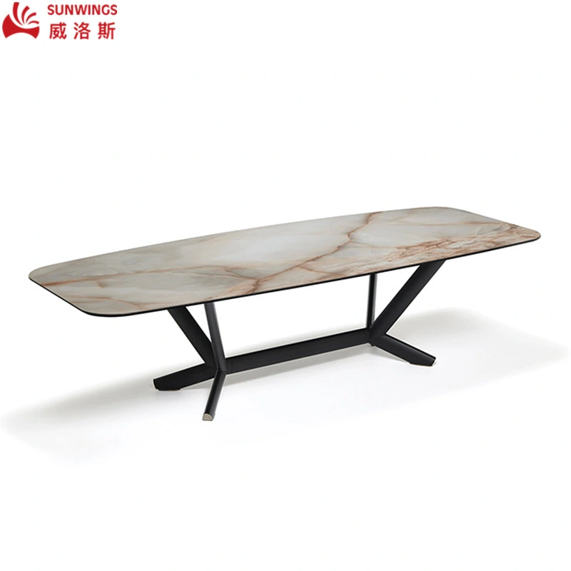 Light and Luxury Metal Frame Rock Plate Dining Table Furniture