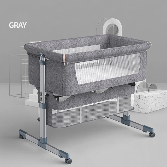 Adjustable Height Grey Baby Cot Bed with Mosquito Net and Storage Space