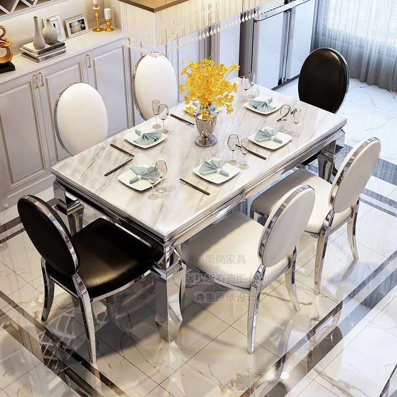 Luxury Italian Dinner Table and Chair Stainless Steel Leg Marble Top Modern Dining Table Set