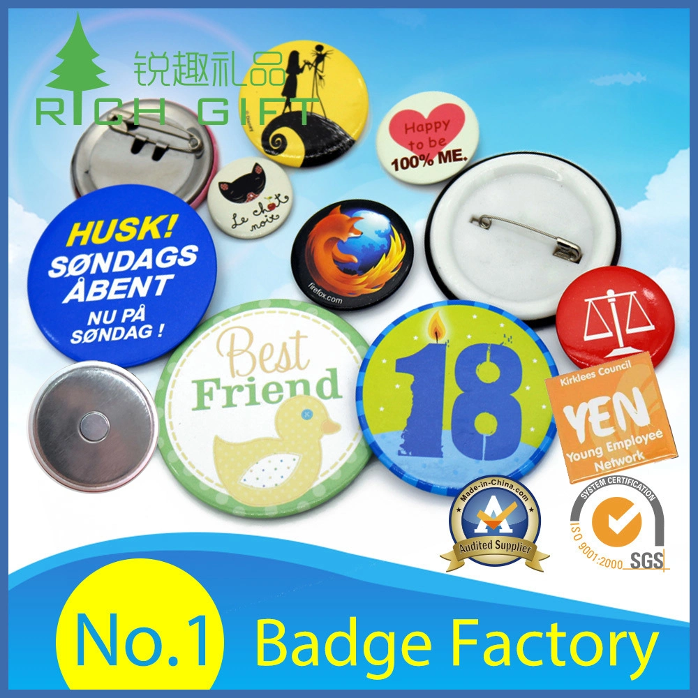 Badge promotionnelle en métal magnétique de sublimation ronde de 25 mm en forme de cœur de 58 mm d'organisation d'impression carrée de 3 pouces de sécurité en fer-blanc personnalisée.