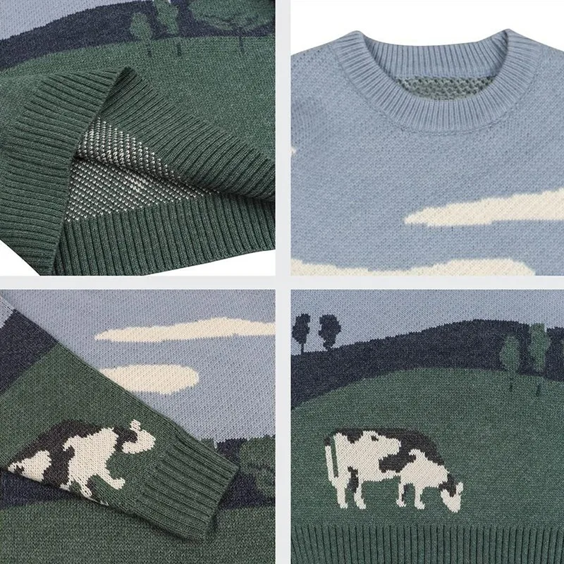 Men Cows Vintage Winter Warm Daily Knitwear Pullover O-Neck Sweater