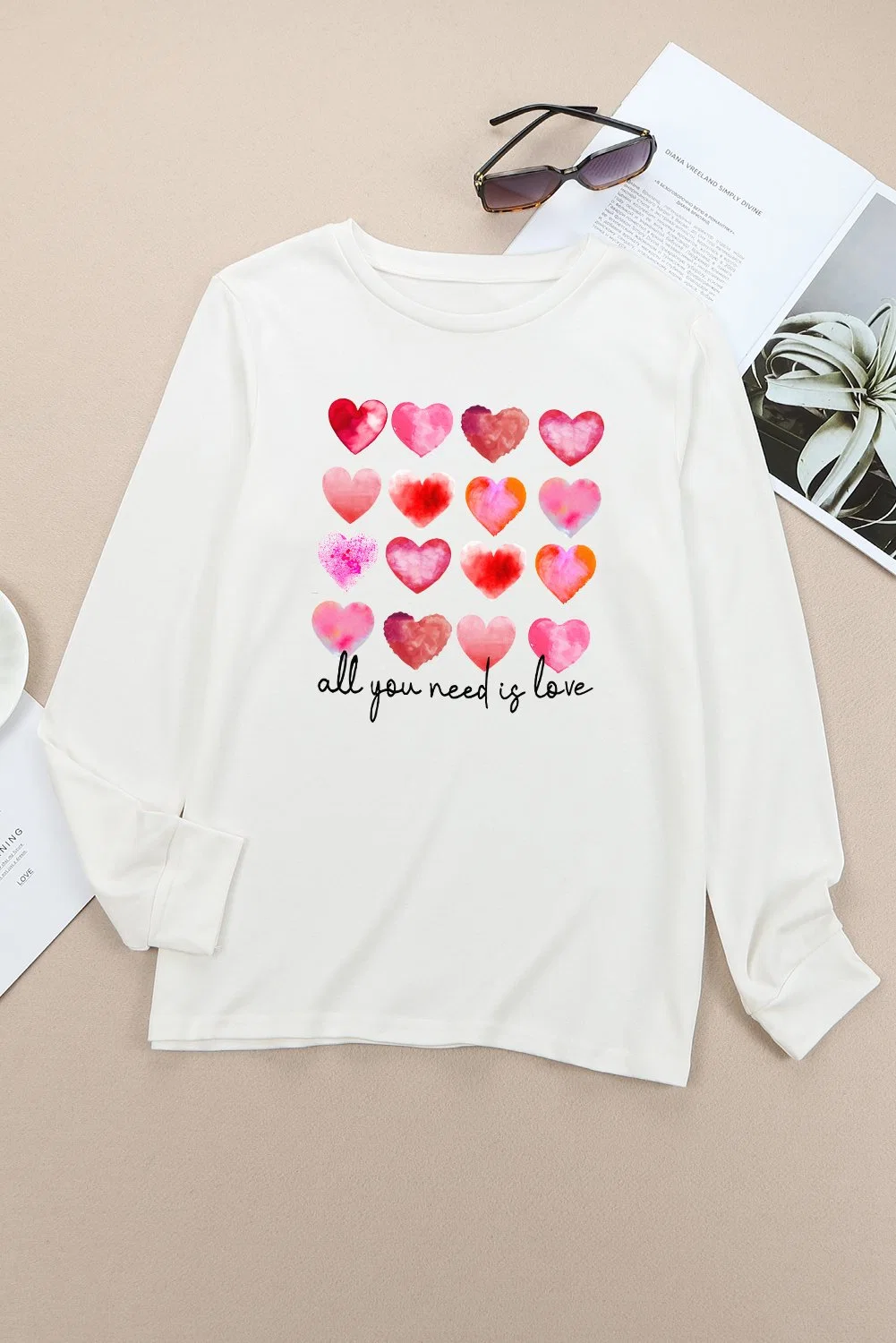 Valentine's Day Customize Tee Shirt White All You Need Is Love Multi Heart Print Top T Shirt Women's T-Shirts