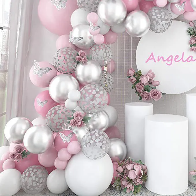 Pink Metallic Silver Balloons Set Party Decoration White Balloon Butterfly Sticker Sequin Balloon Bridal Shower Birthday Party