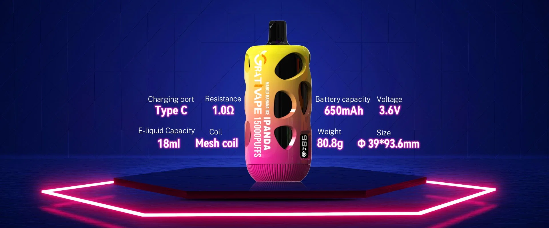 Оригинальный бар Big Puff Bar E Cigrativape Ipanda 15000 Одноразовые соки E Juice 18 мл Китай Wape Оптовая I Vape с цифровым дисплеем