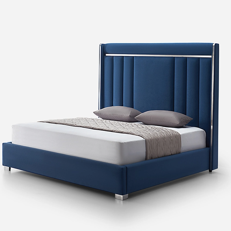 Modern Luxury Home Hotel Flat Stainless Leg Upholstered Bed Bedroom Furniture Blue Fabric Cotton Linen Bed