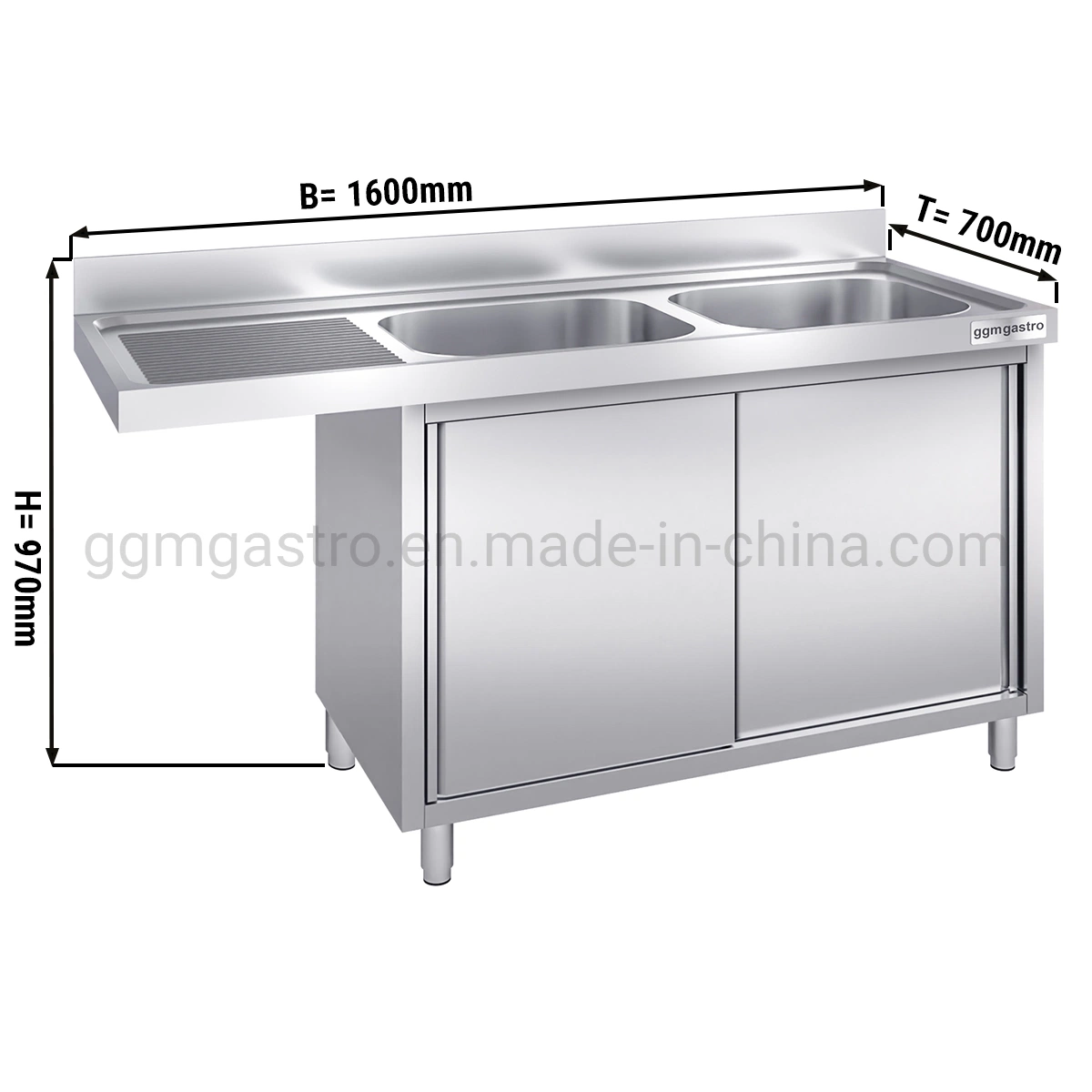 Hot Sale Commercial Kitchen Furniture Stainless Steel Dishwaher with Two Sinks on Right