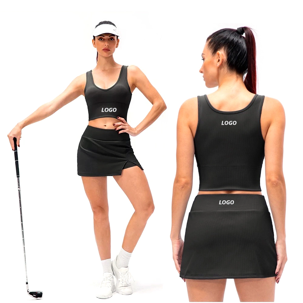 New Design 2PCS Premium Black Golf Tennis Wear for Women, Custom Logo Running Outfits V Neck Gym Bra + 2 in 1 Skorts with Pocket Ribbed Ball Sports