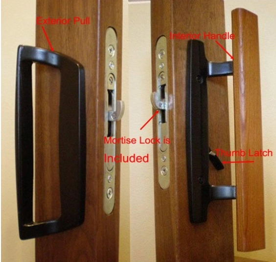 Sliding Glass Patio Door Handle Set Oak Wood Interior and Exterior Pull in Black Diecast Finish Mortise Lock