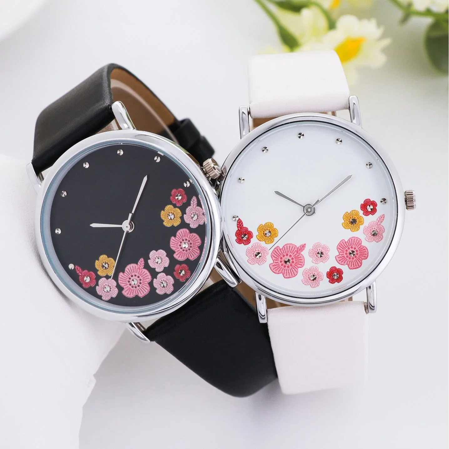 Colorful Flower Dial Women Watch with Leather Strap