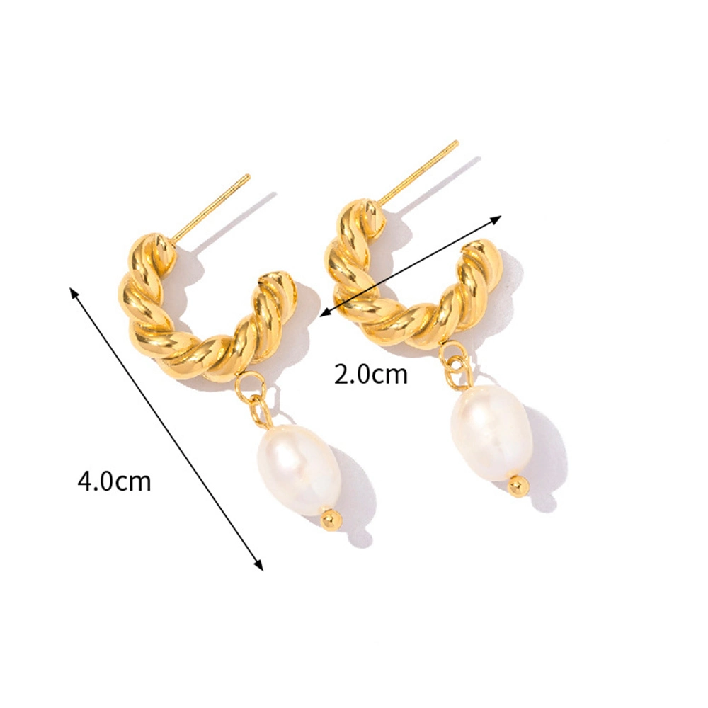 Fashion 18K Gold Plated Stainless Steel Twist C Shape Freshwater Pearl Drop Stud Earrings Jewelry for Women